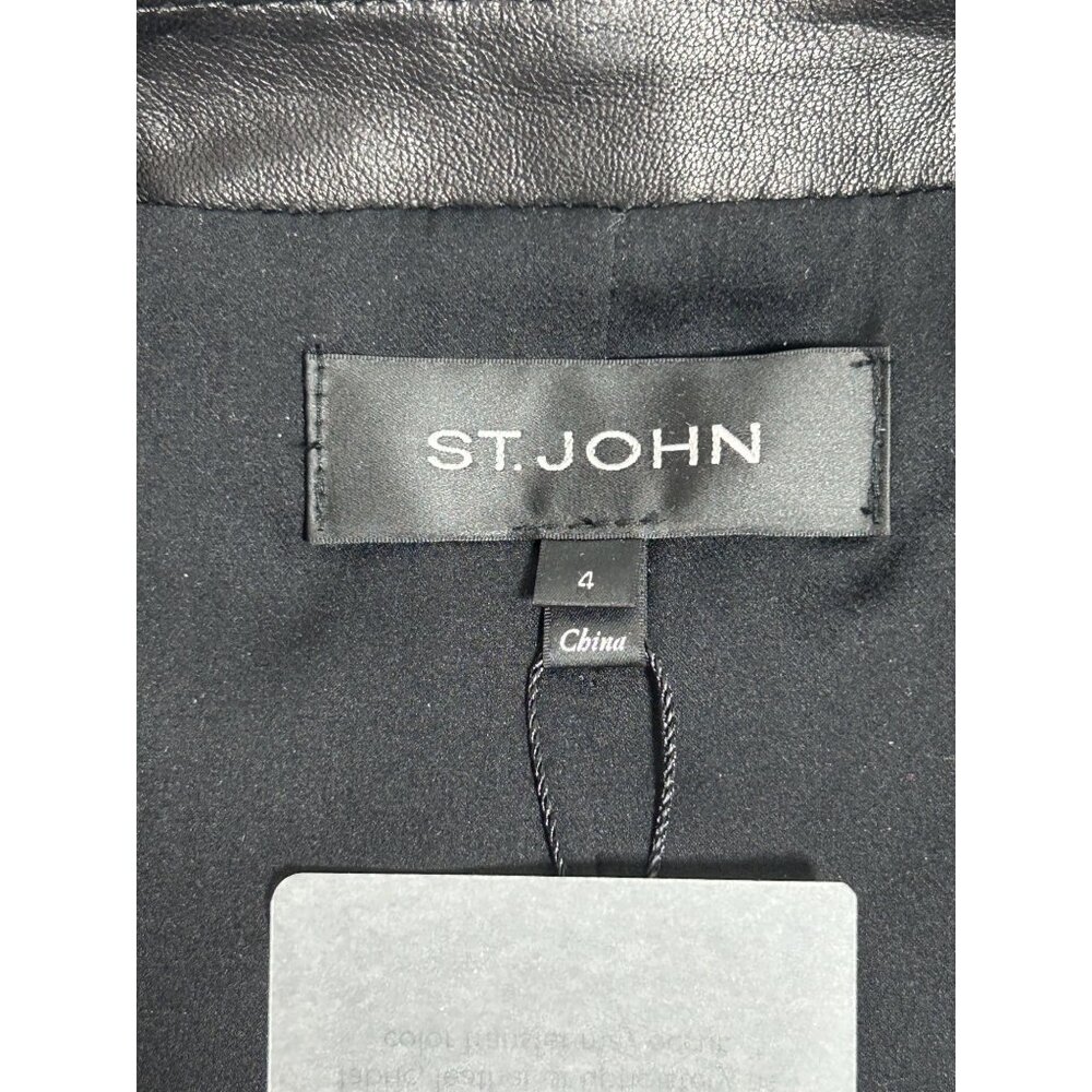 St John Women's Leather Zipper Moto Jacket in Cavier/Cream - Sz 4 - NWT - Picture 3 of 11